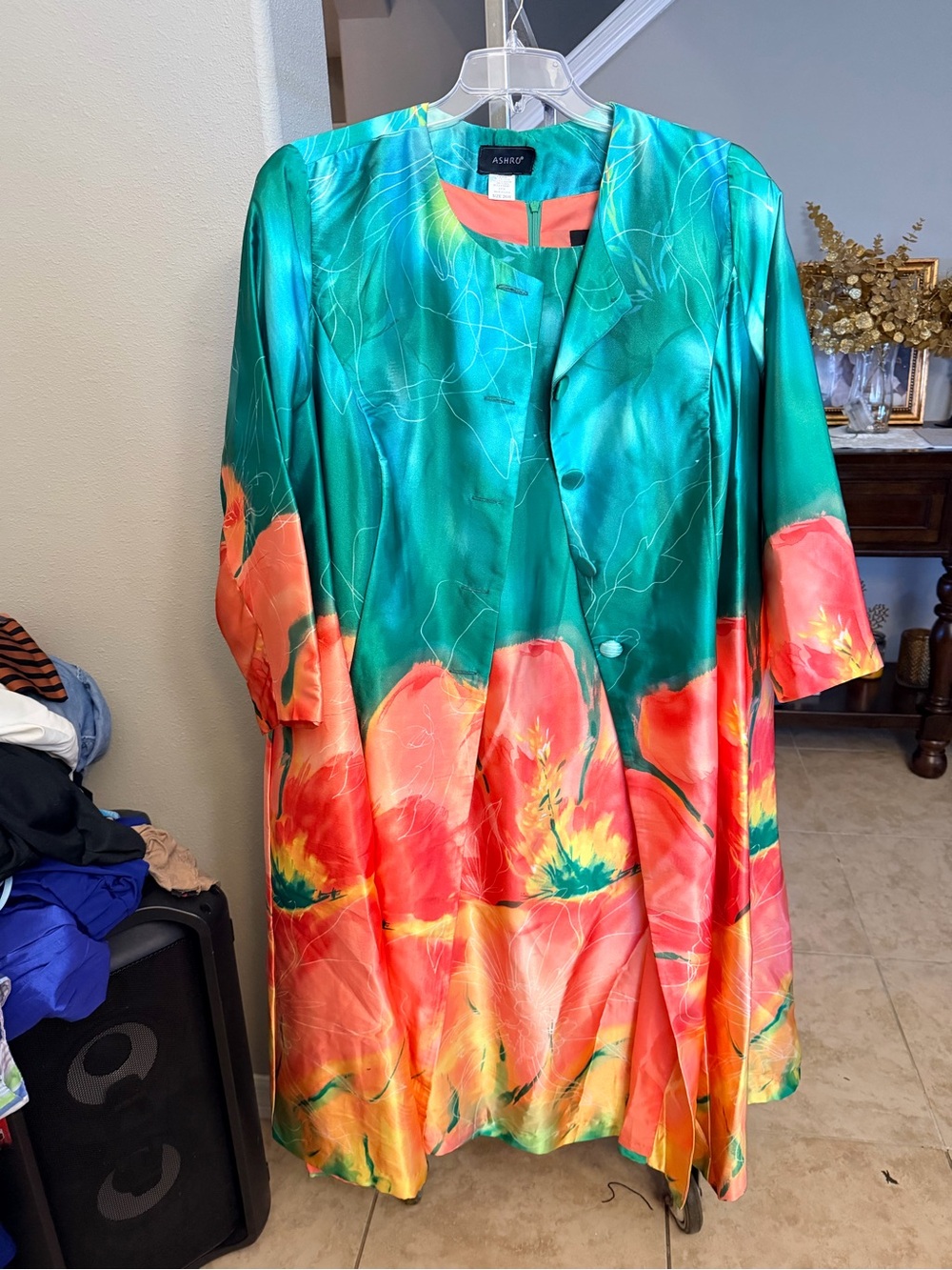 ASHRO Teal and Coral Floral Satin Long Sleeve Dress
